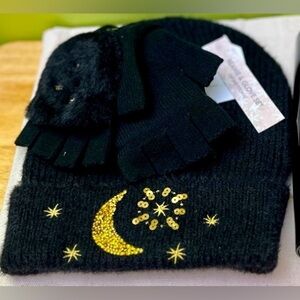 🆕 Black & Gold Walmart Beanie & Glove Set